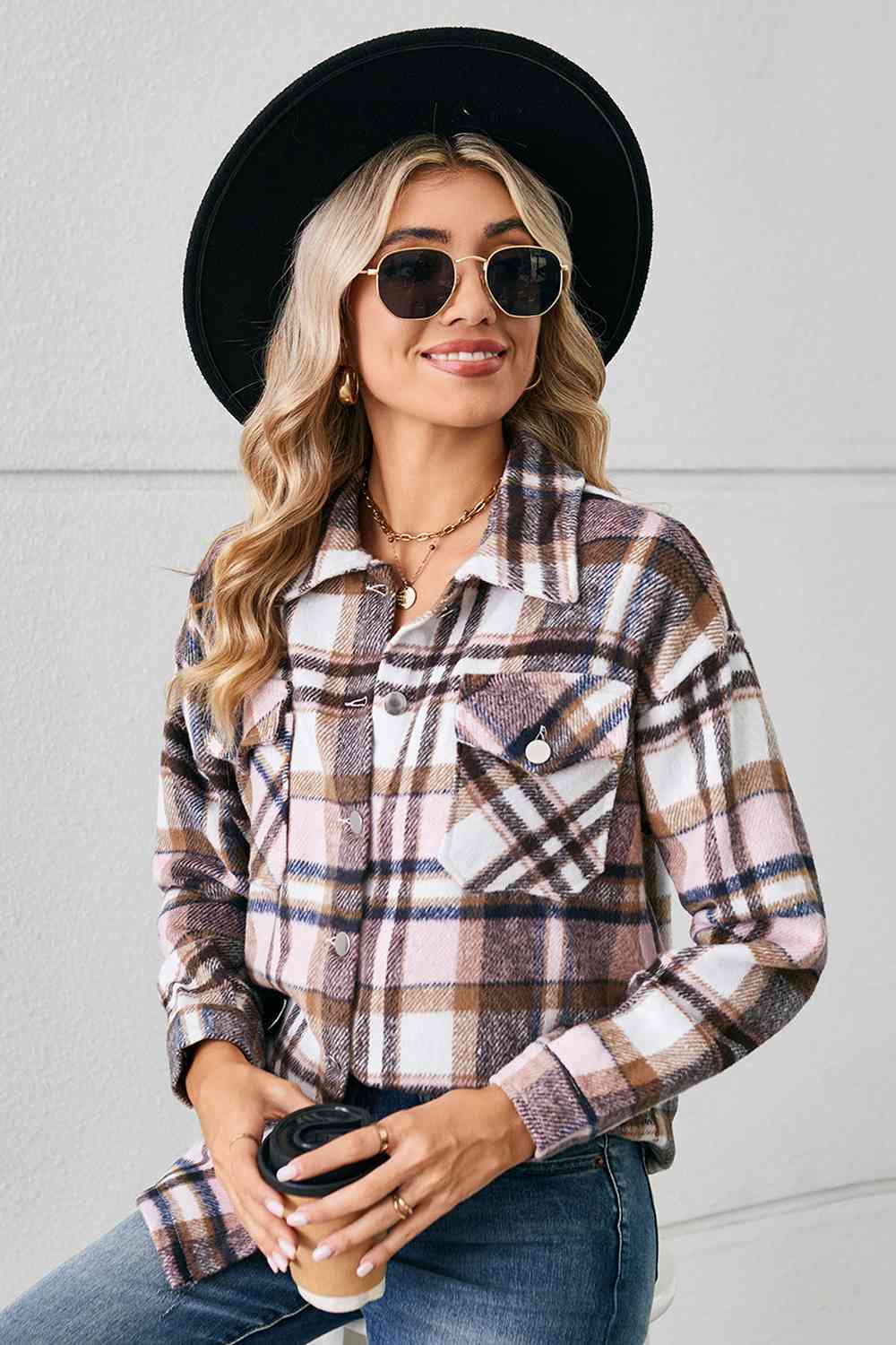 Collared Plaid Shacket BLUE ZONE PLANET