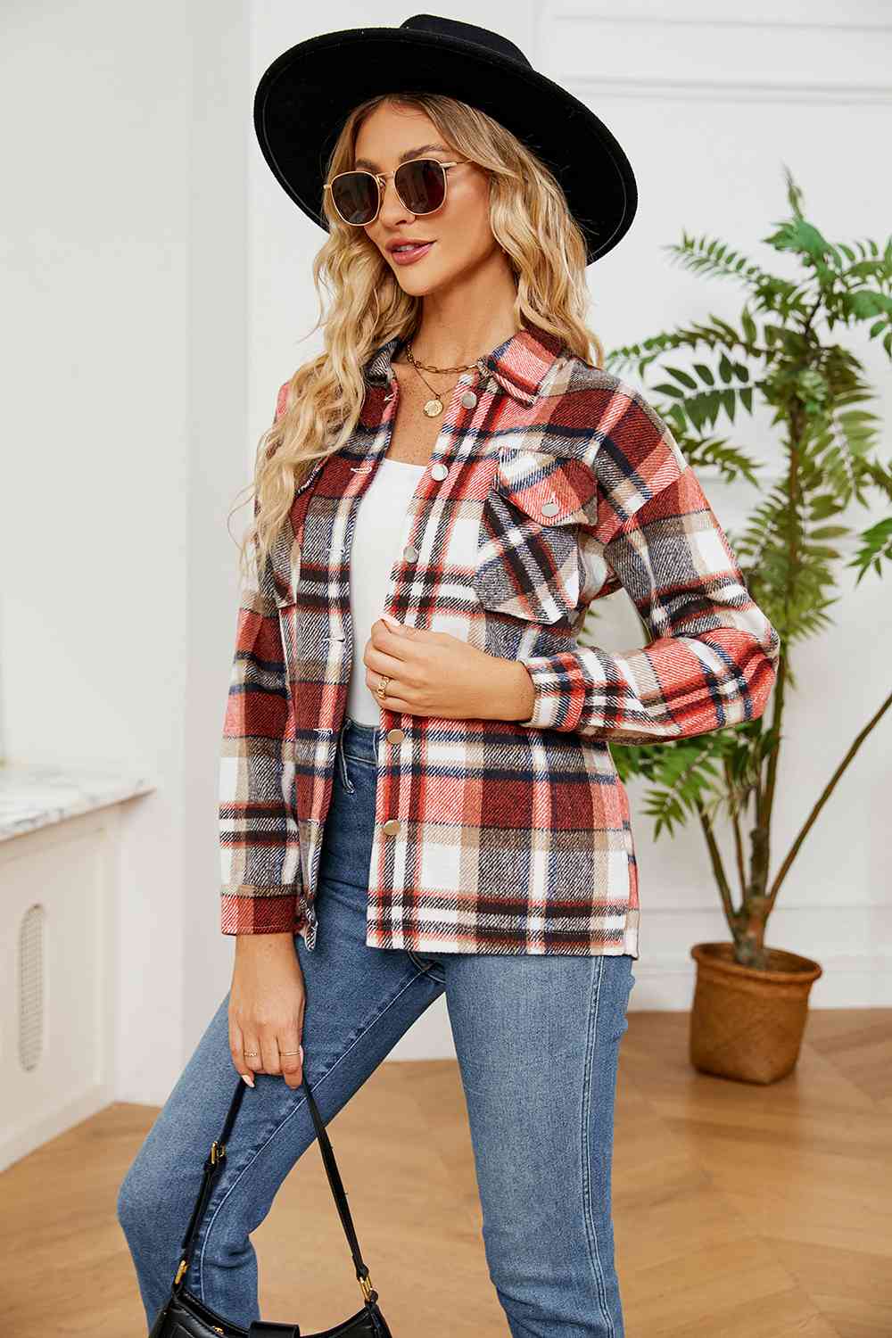 Collared Plaid Shacket BLUE ZONE PLANET