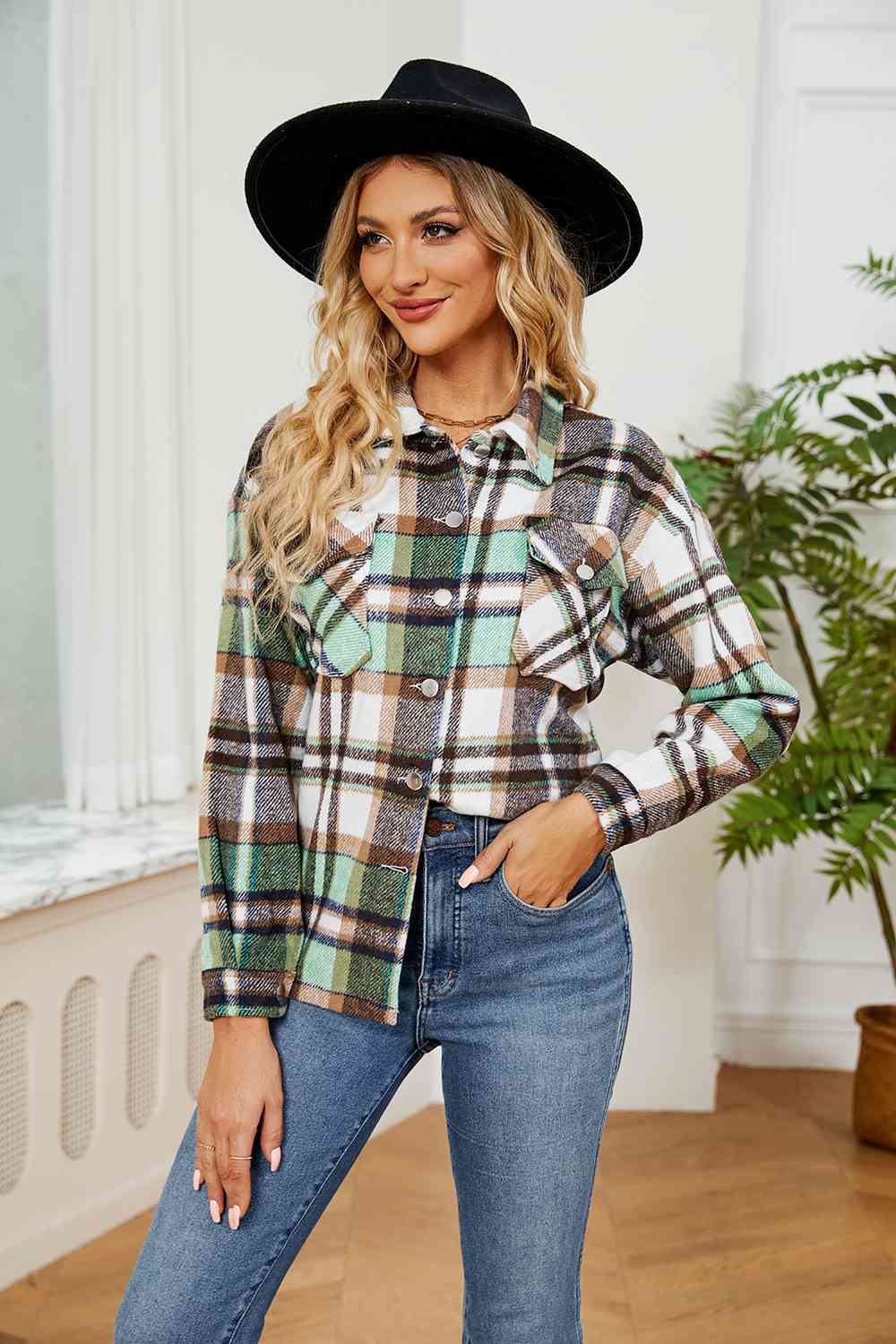 Collared Plaid Shacket BLUE ZONE PLANET