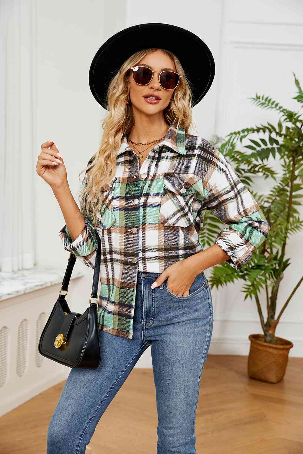 Collared Plaid Shacket BLUE ZONE PLANET