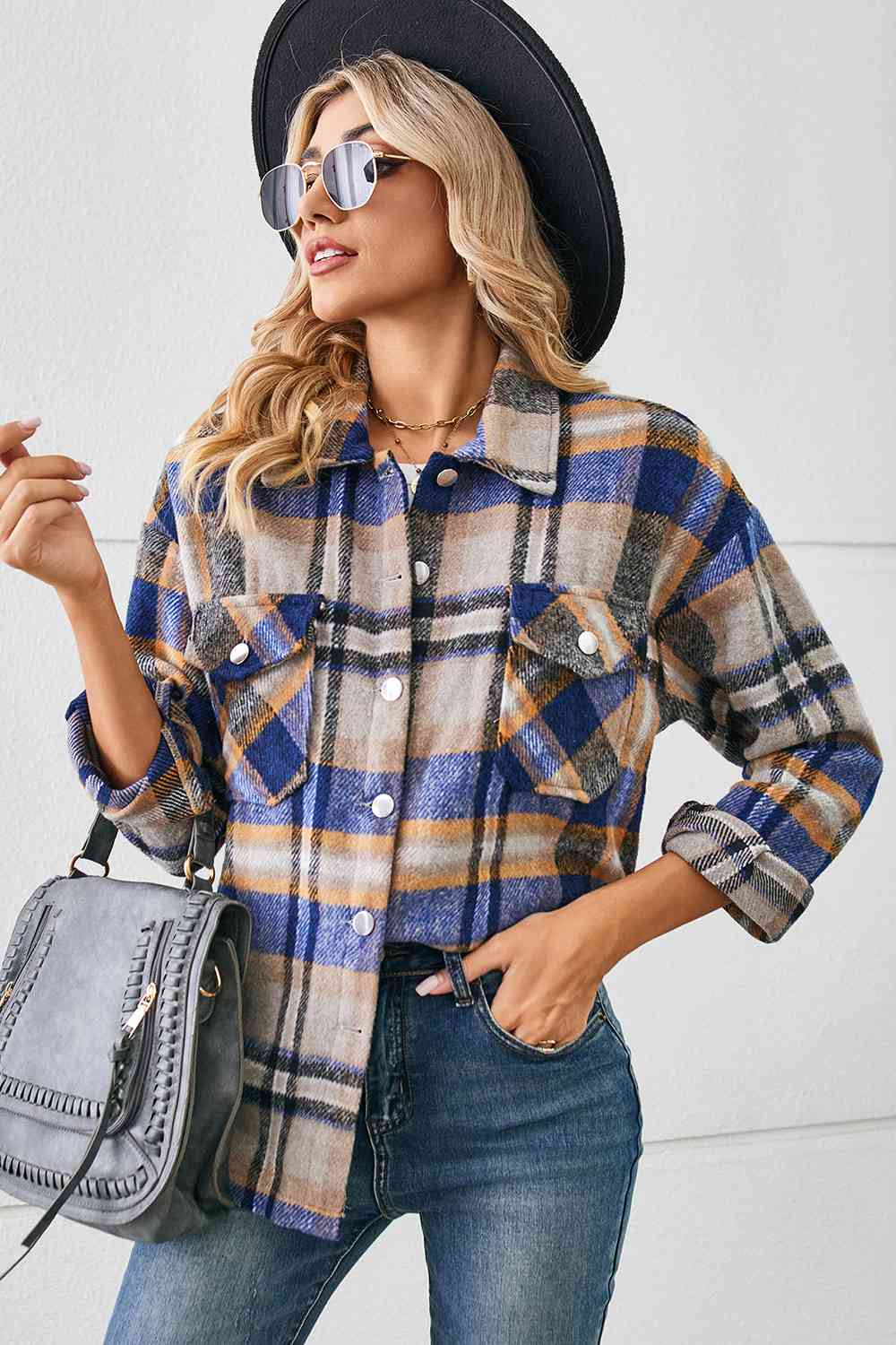 Collared Plaid Shacket BLUE ZONE PLANET