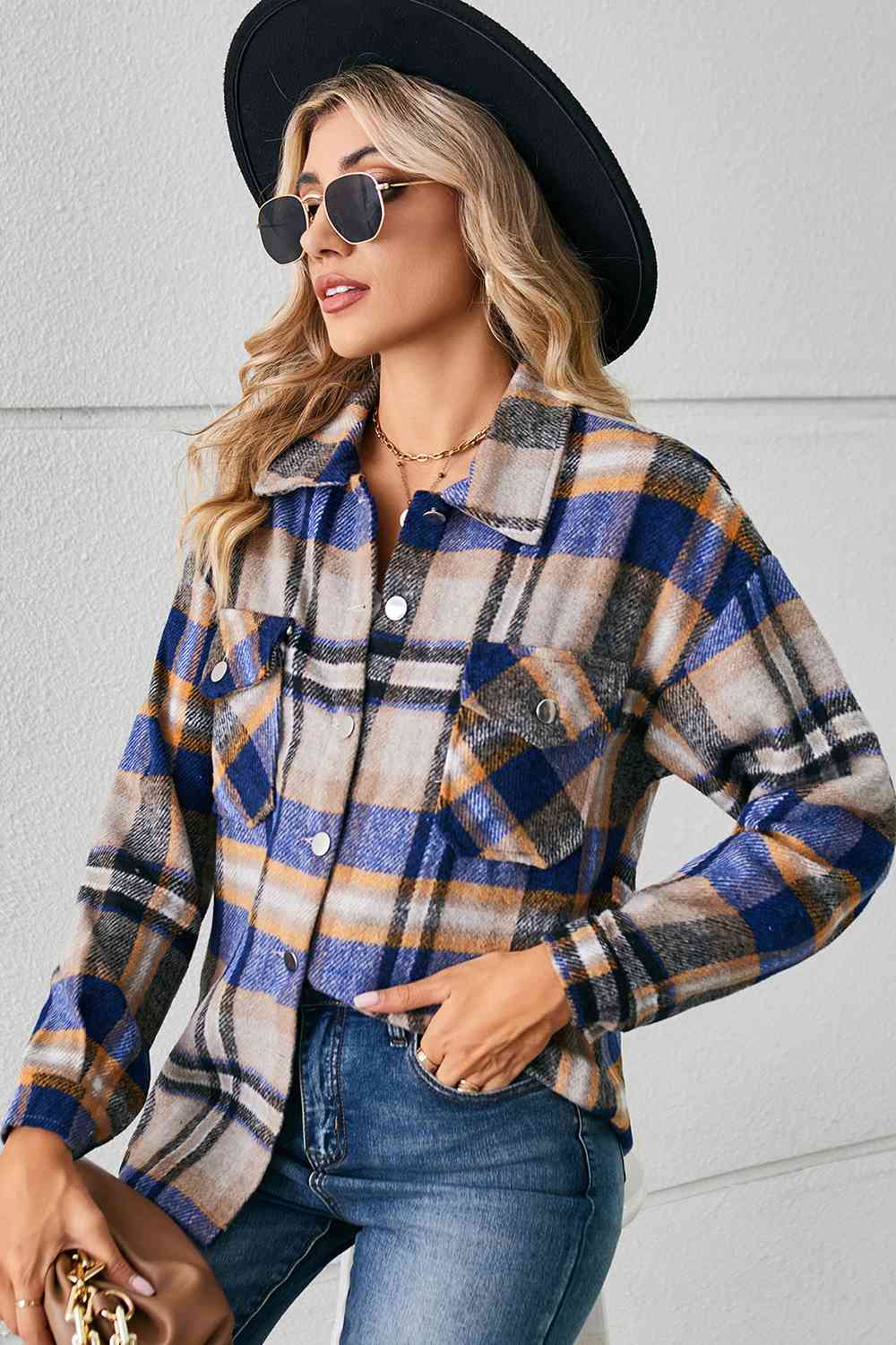 Collared Plaid Shacket BLUE ZONE PLANET