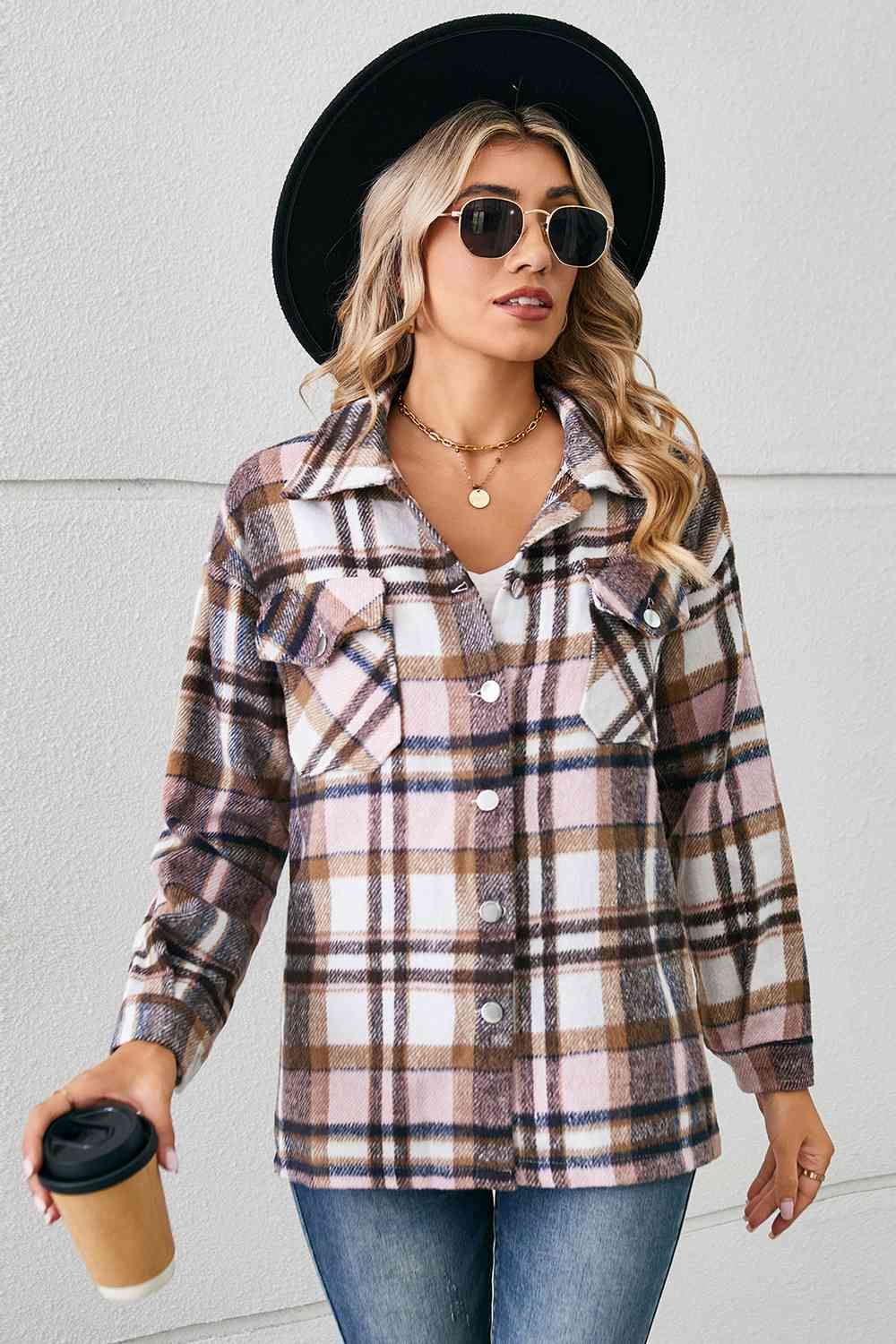 Collared Plaid Shacket BLUE ZONE PLANET