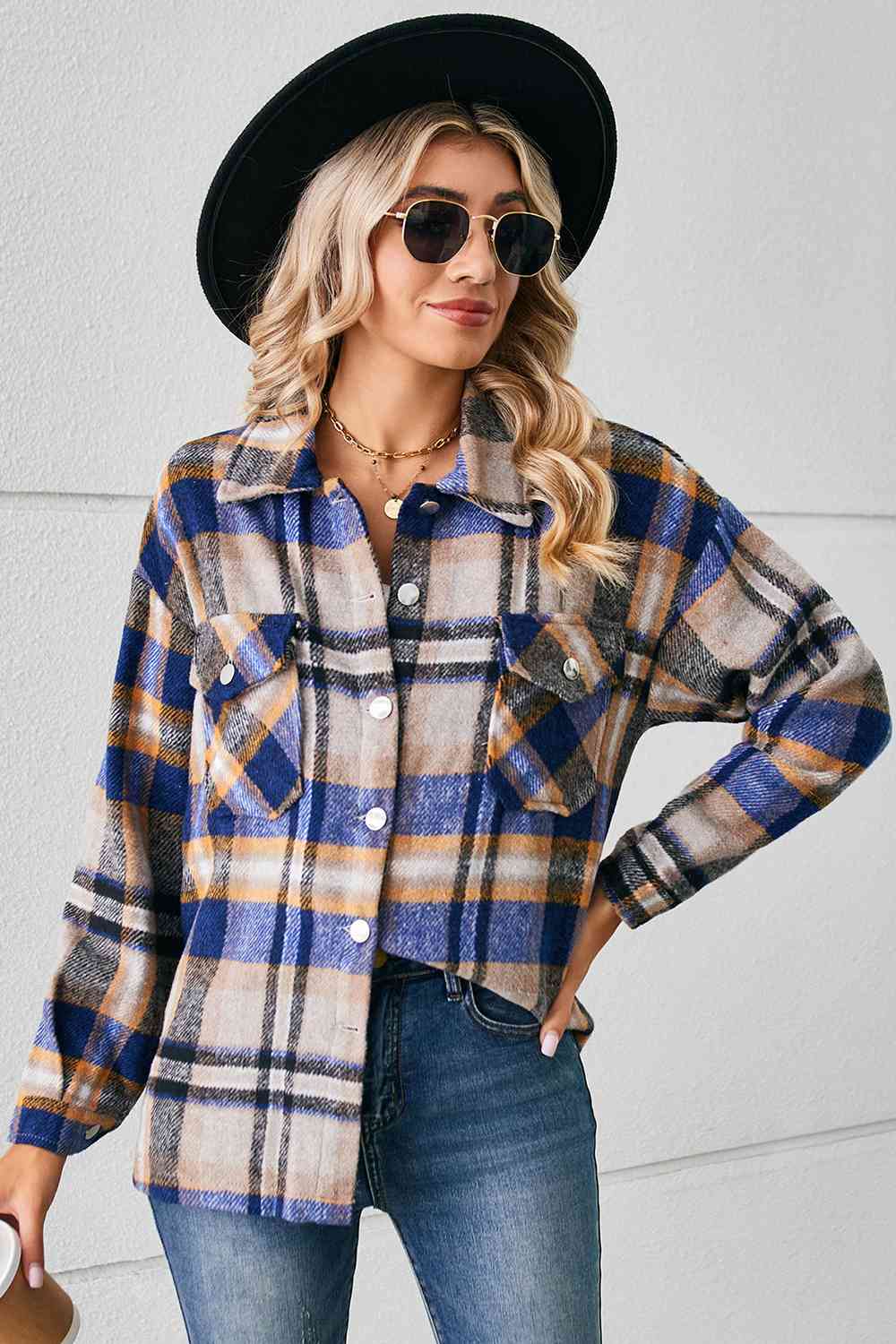 Collared Plaid Shacket BLUE ZONE PLANET