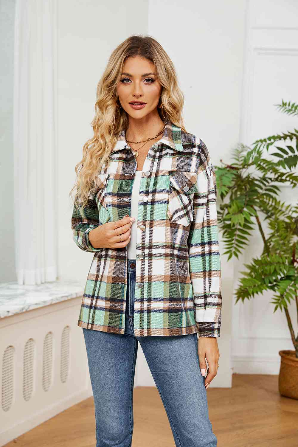 Collared Plaid Shacket BLUE ZONE PLANET