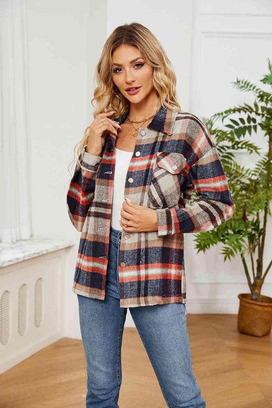 Collared Plaid Shacket BLUE ZONE PLANET
