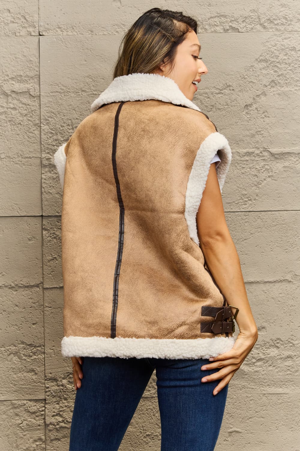 Collared Zip-Up Suede Sherpa Vest BLUE ZONE PLANET