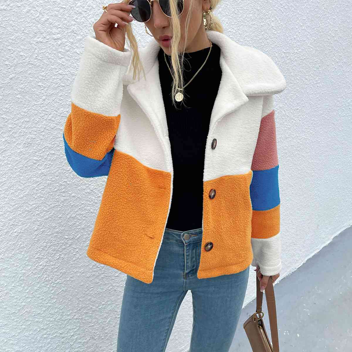 Color Block Button Down Collared Jacket BLUE ZONE PLANET