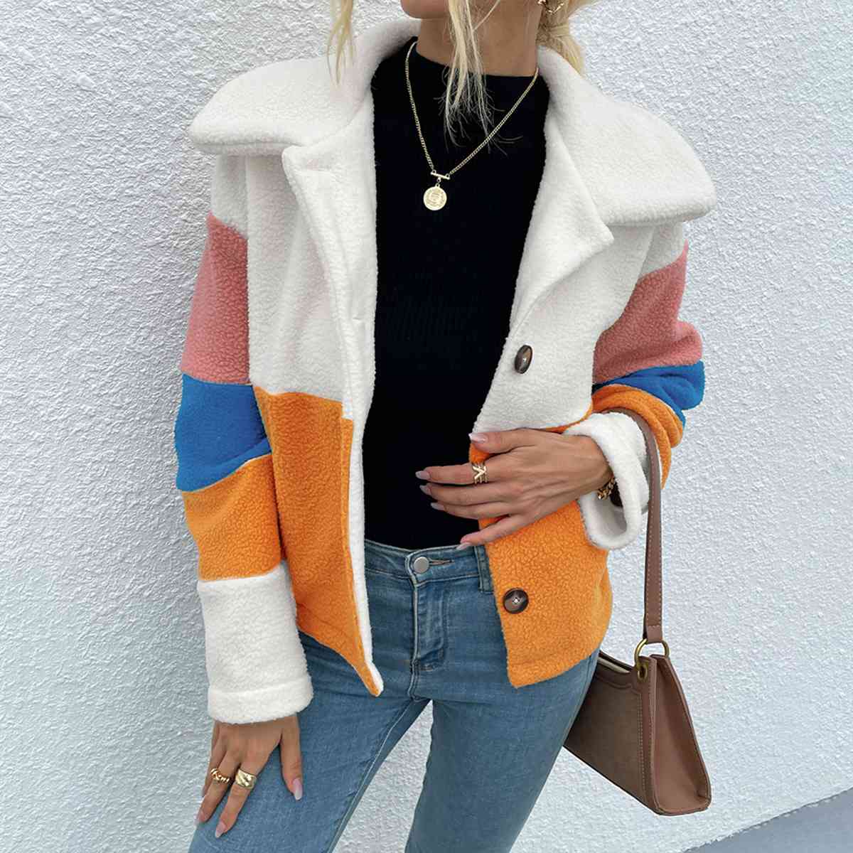 Color Block Button Down Collared Jacket BLUE ZONE PLANET