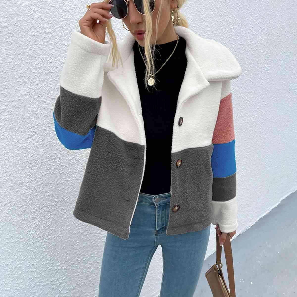 Color Block Button Down Collared Jacket BLUE ZONE PLANET