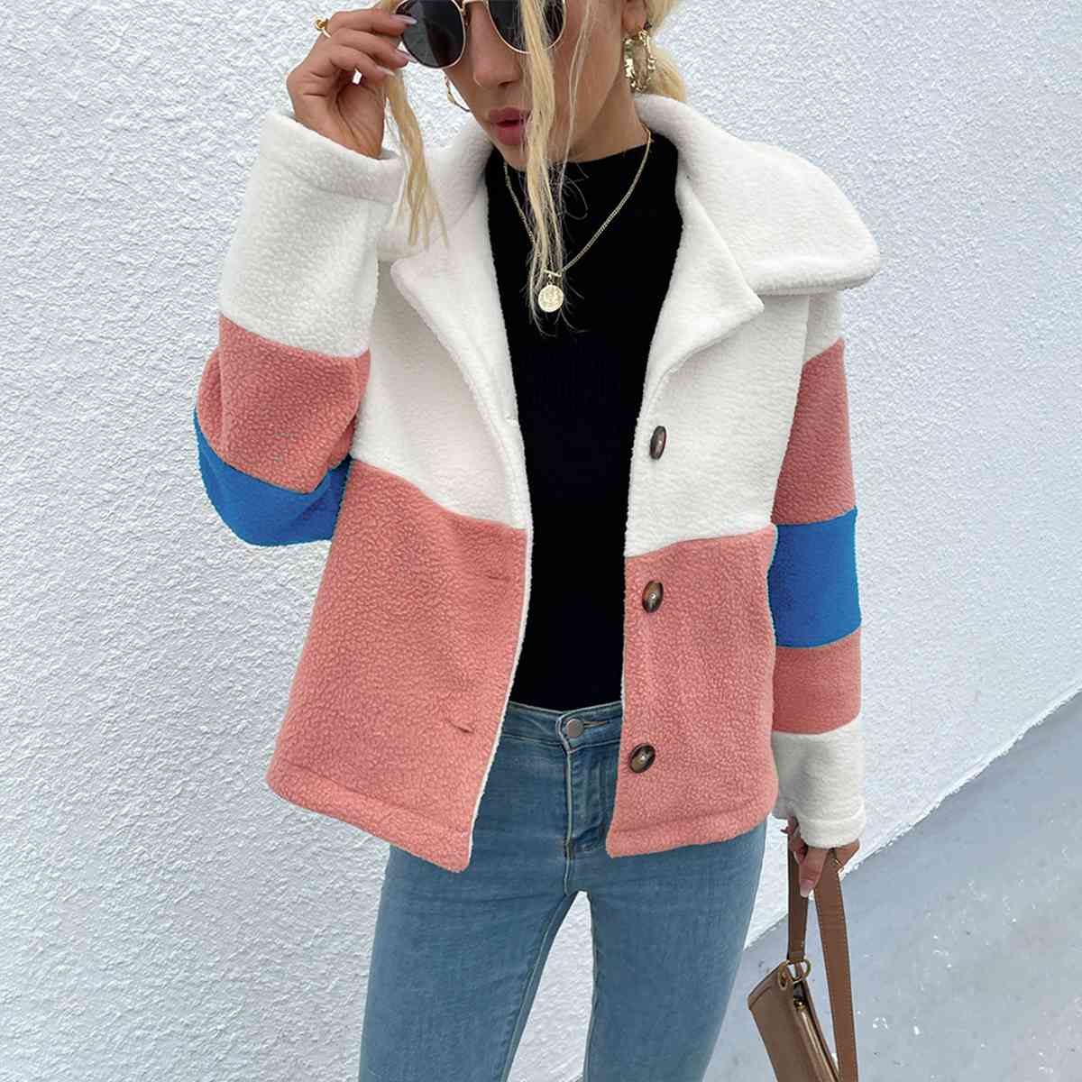 Color Block Button Down Collared Jacket BLUE ZONE PLANET