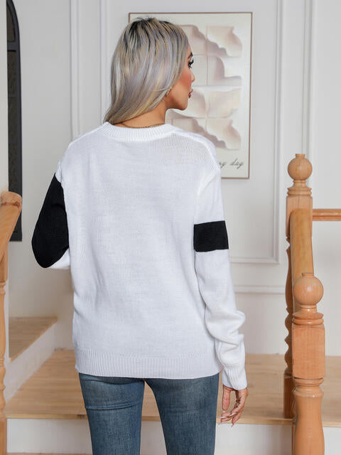 Color Block Cable-Knit Round Neck Sweater BLUE ZONE PLANET