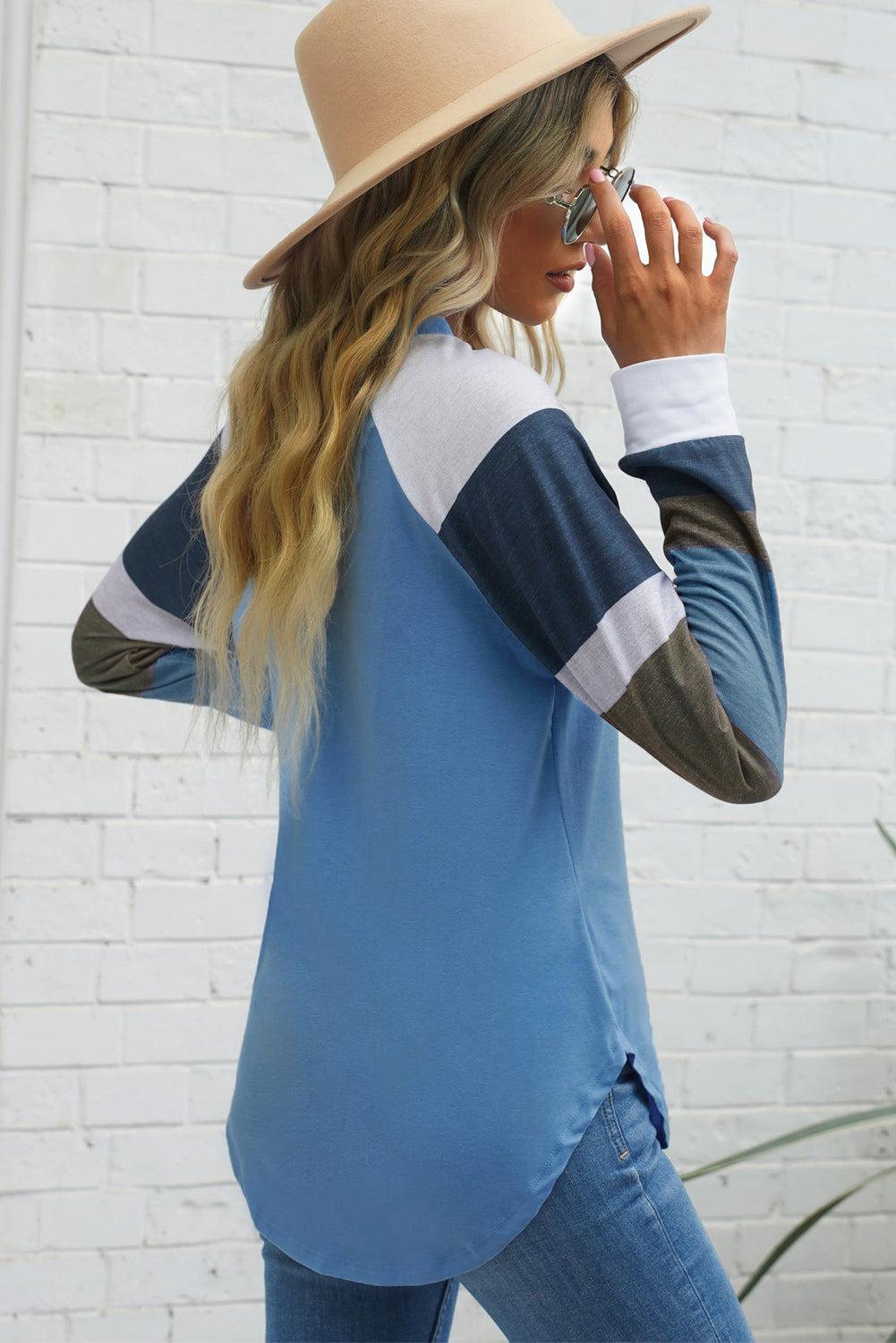 Color Block Curved Hem Long Sleeve Tee BLUE ZONE PLANET