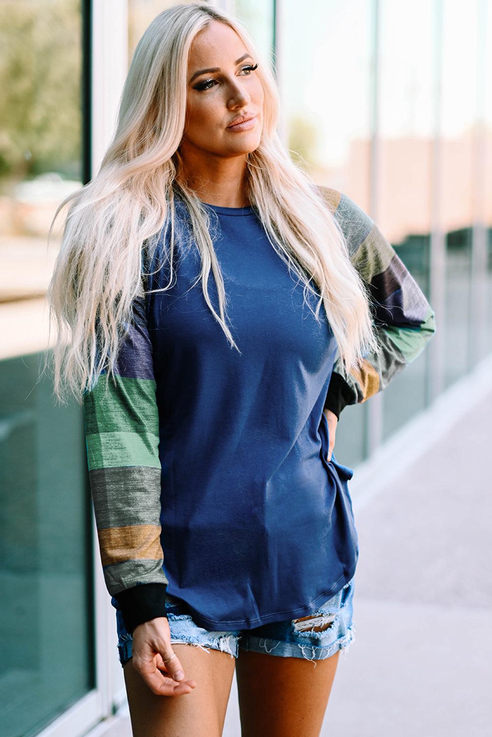 Color Block Curved Hem Long Sleeve Tee BLUE ZONE PLANET