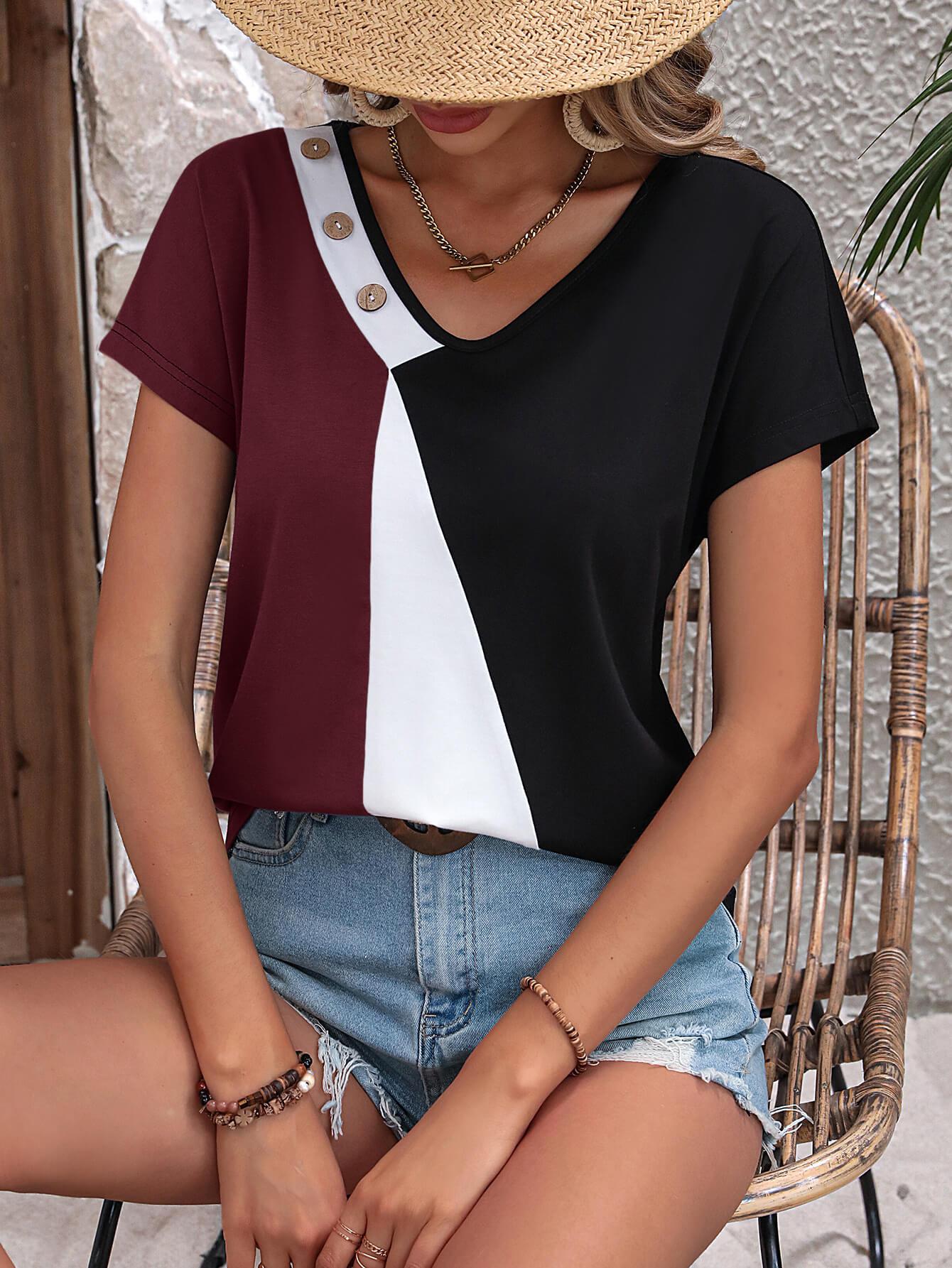 Color Block Decorative Button V-Neck Tee BLUE ZONE PLANET