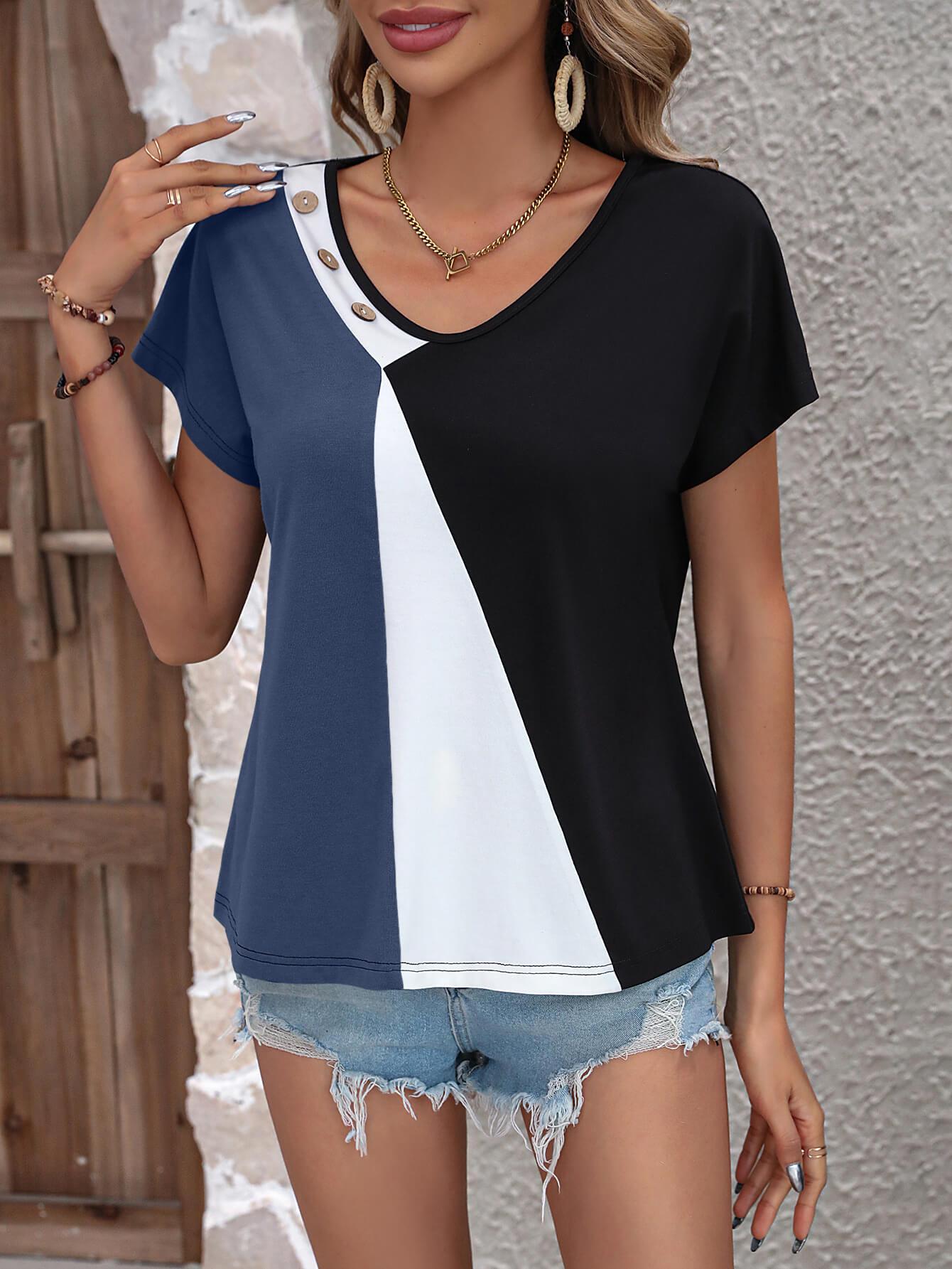 Color Block Decorative Button V-Neck Tee BLUE ZONE PLANET