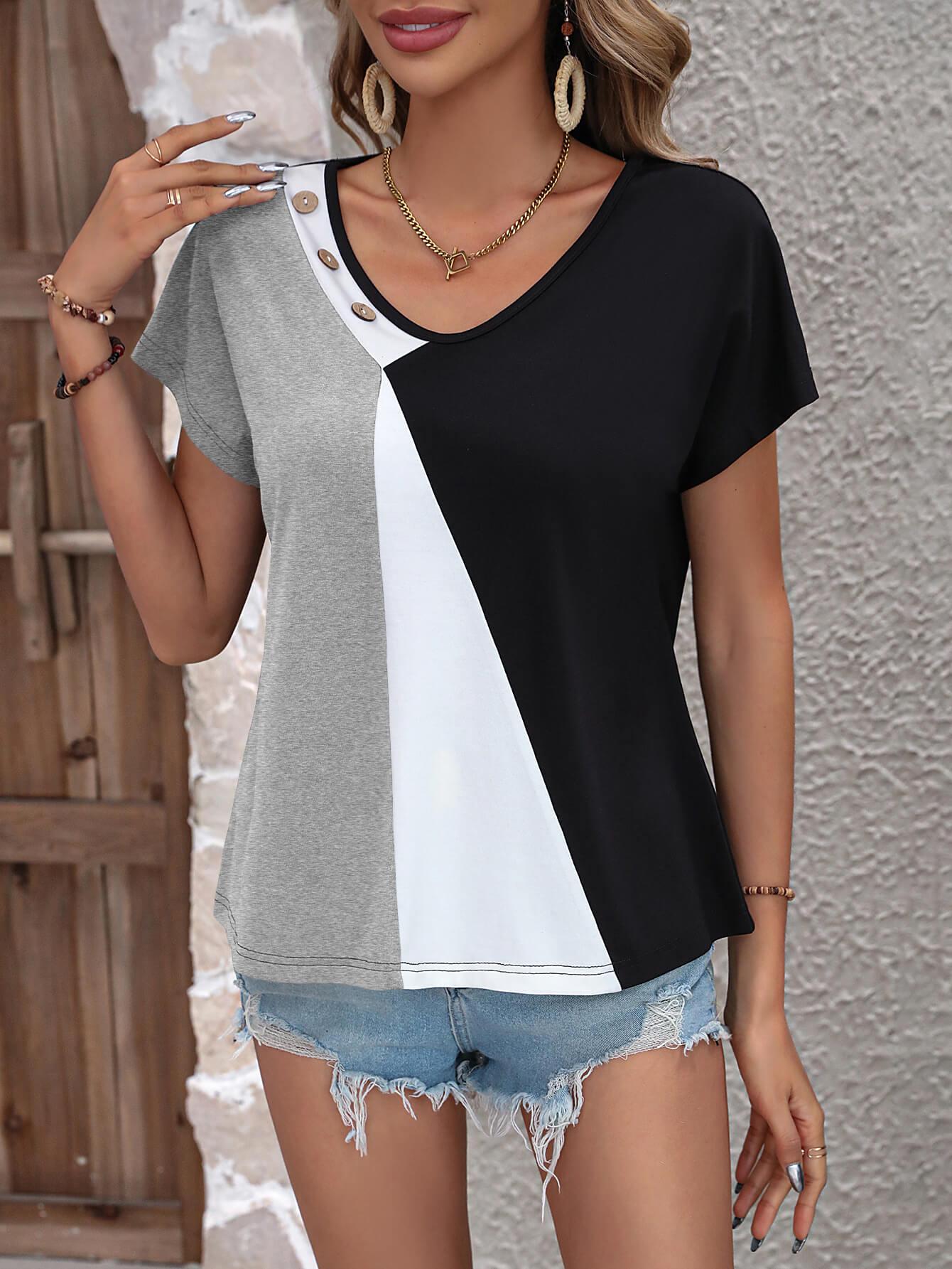 Color Block Decorative Button V-Neck Tee BLUE ZONE PLANET