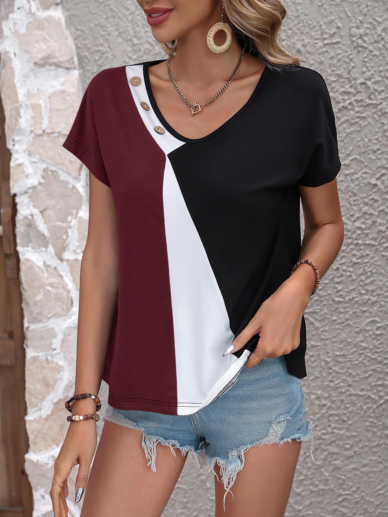 Color Block Decorative Button V-Neck Tee BLUE ZONE PLANET