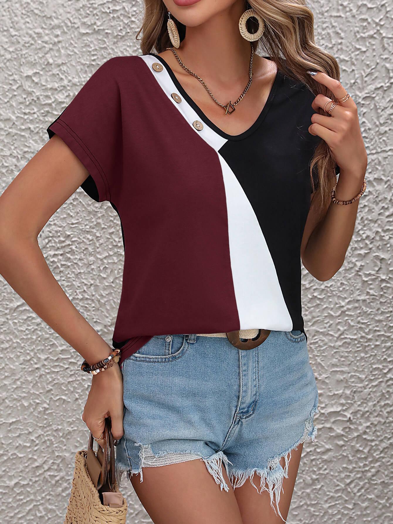 Color Block Decorative Button V-Neck Tee BLUE ZONE PLANET