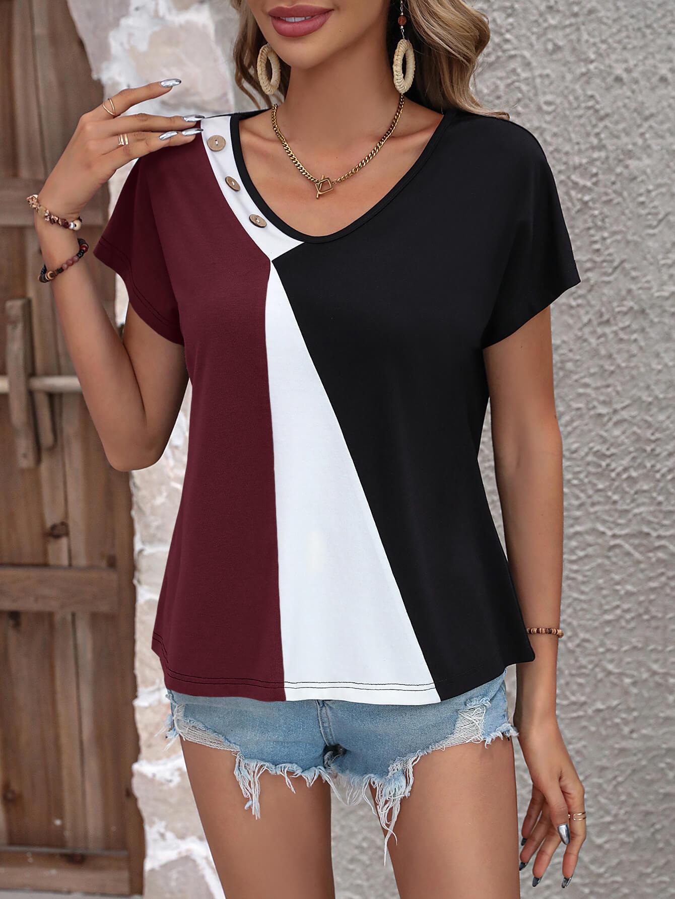 Color Block Decorative Button V-Neck Tee BLUE ZONE PLANET