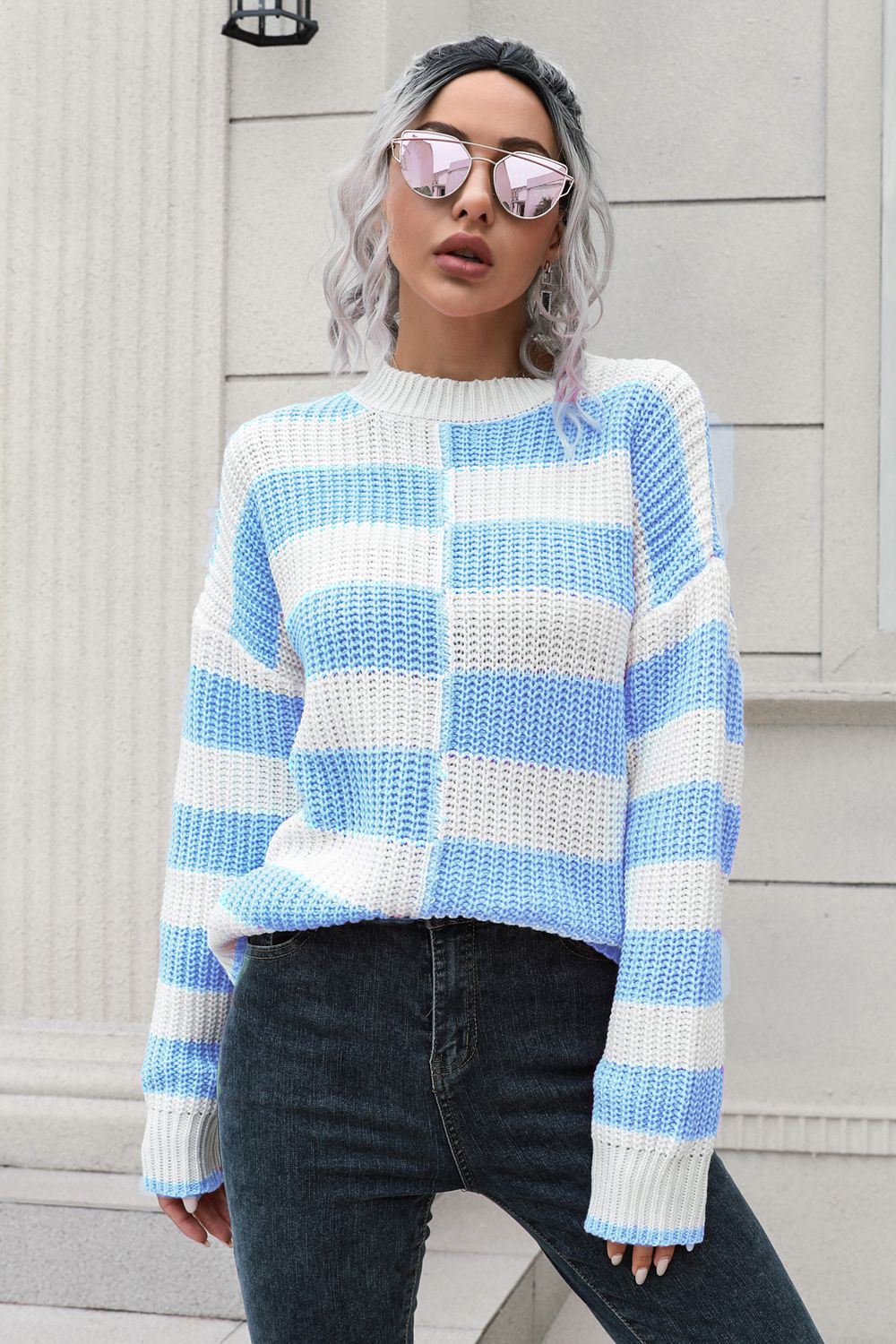 Color Block Dropped Shoulder Sweater BLUE ZONE PLANET