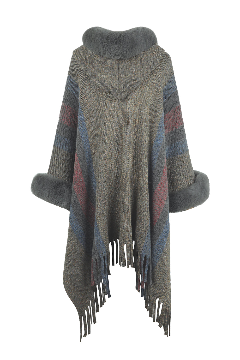 Color Block Fringe Detail Poncho BLUE ZONE PLANET