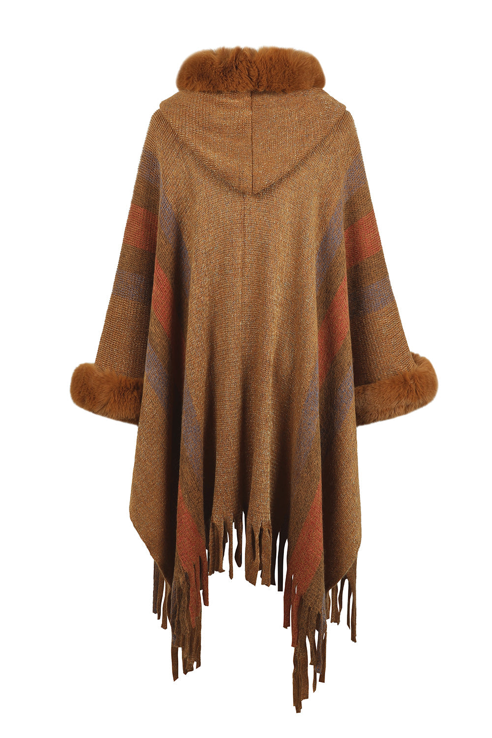 Color Block Fringe Detail Poncho BLUE ZONE PLANET