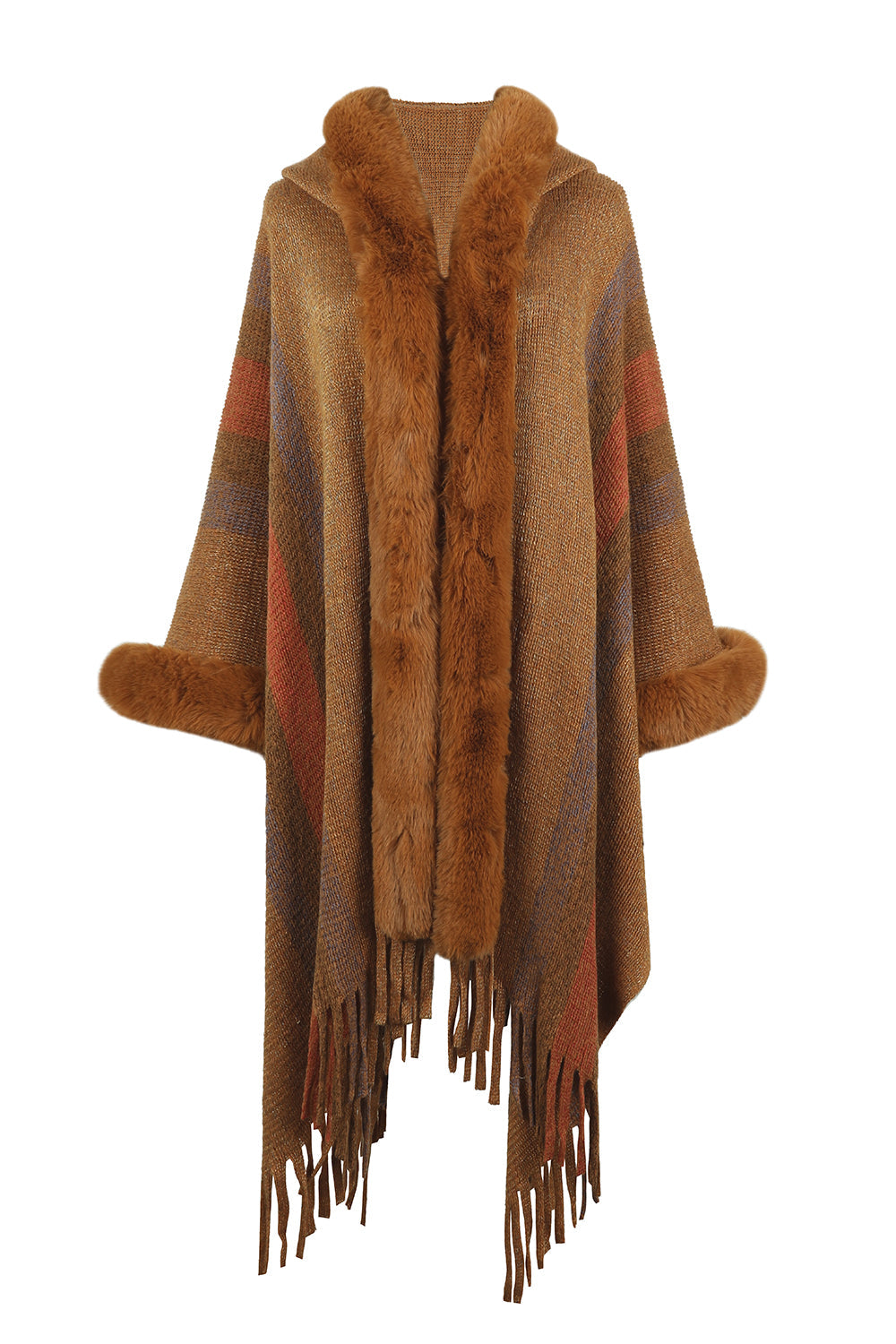 Color Block Fringe Detail Poncho BLUE ZONE PLANET