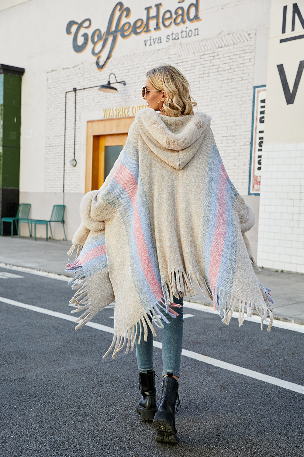 Color Block Fringe Detail Poncho BLUE ZONE PLANET