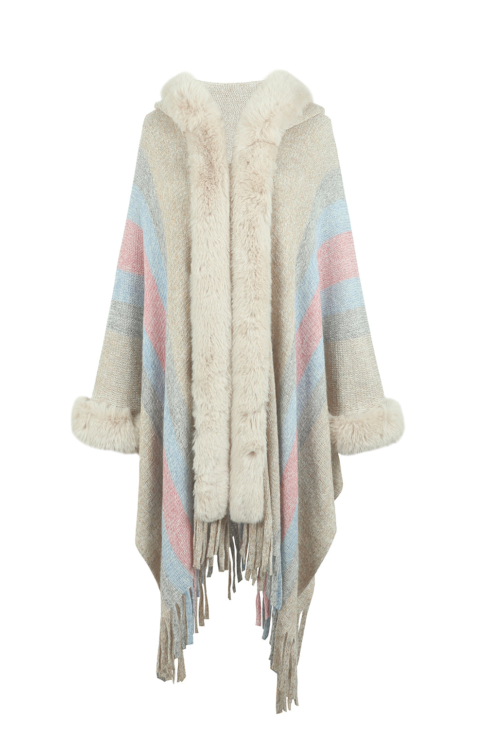 Color Block Fringe Detail Poncho BLUE ZONE PLANET