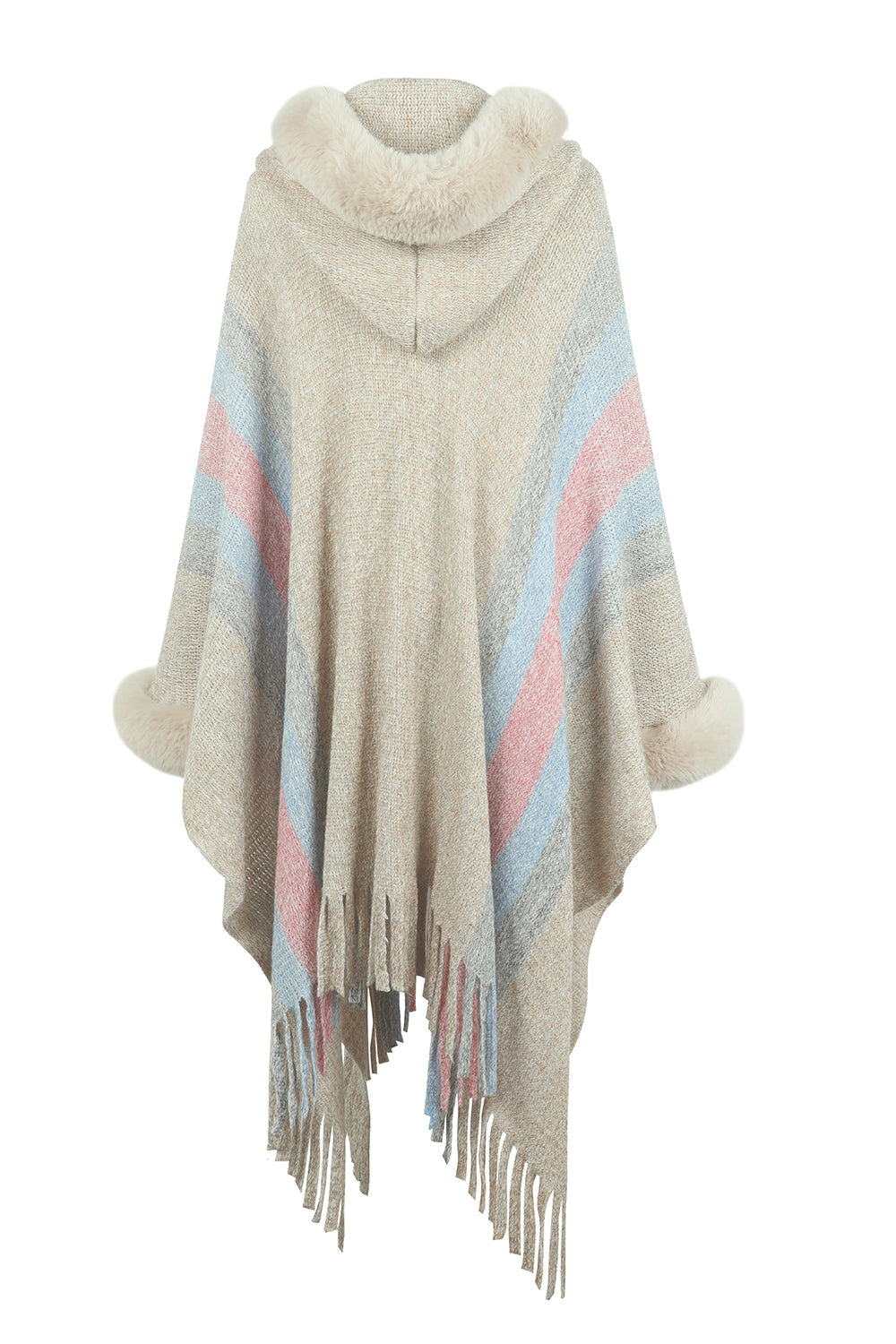 Color Block Fringe Detail Poncho BLUE ZONE PLANET