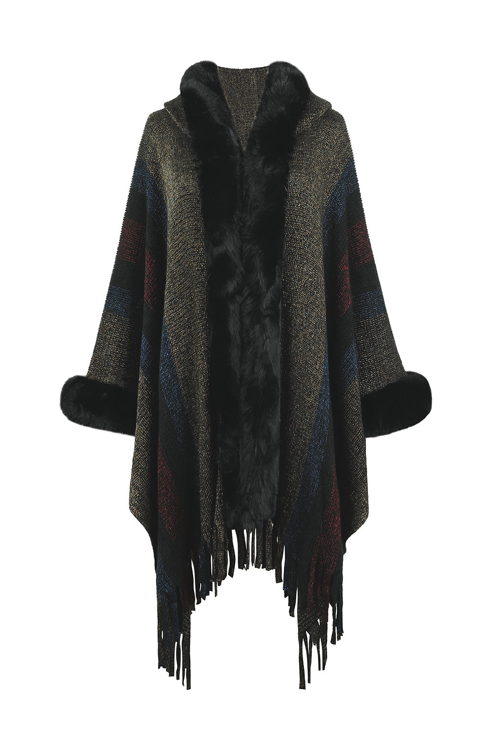 Color Block Fringe Detail Poncho BLUE ZONE PLANET