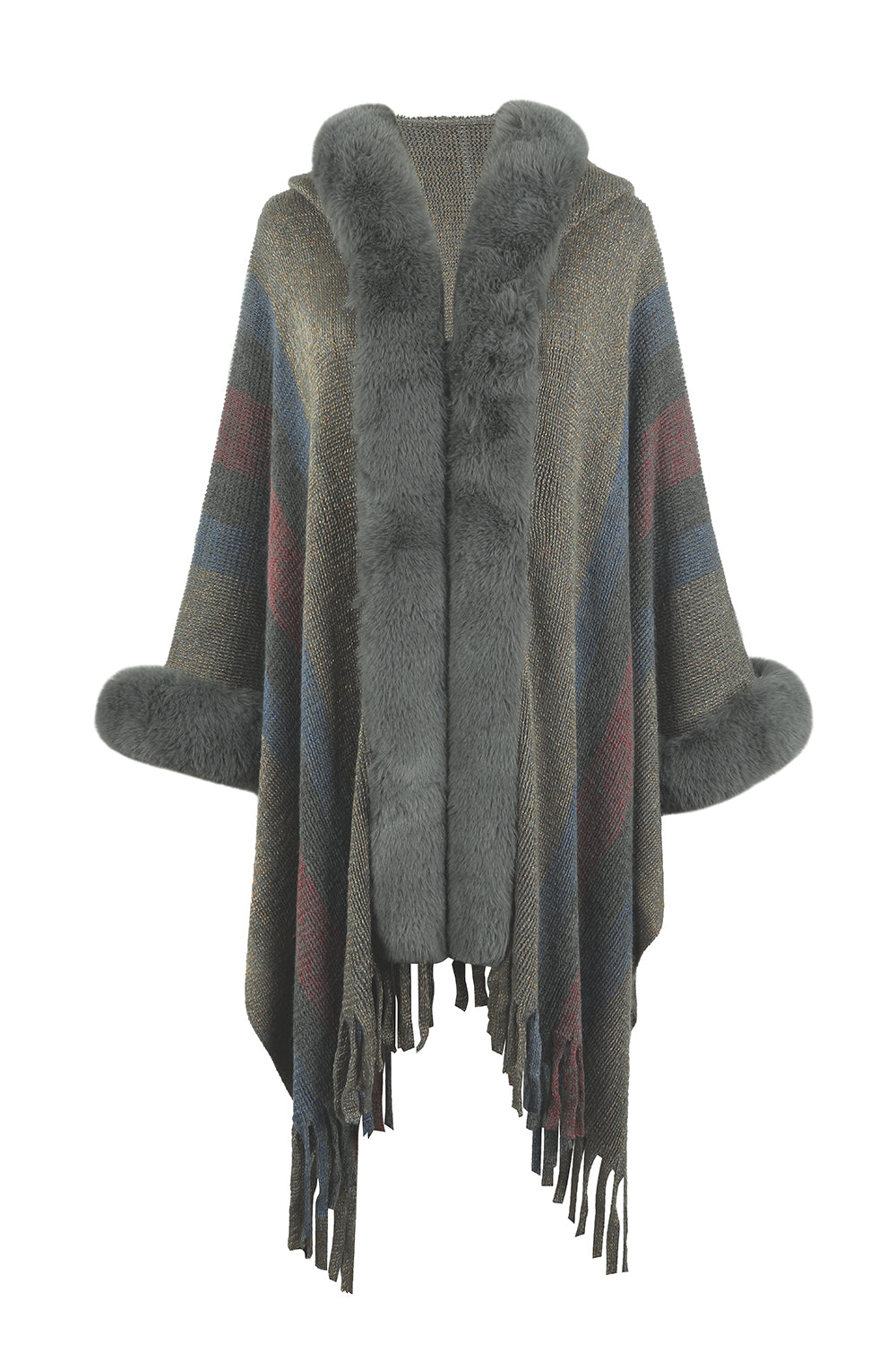 Color Block Fringe Detail Poncho BLUE ZONE PLANET