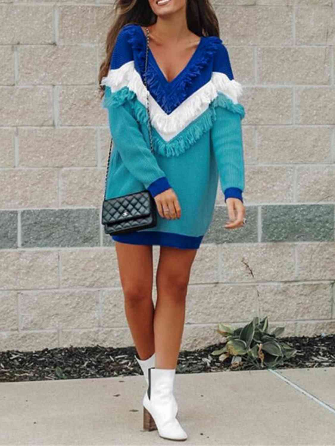 Color Block Fringed V-Neck Sweater BLUE ZONE PLANET