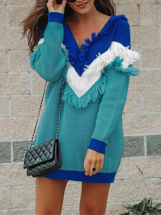 Color Block Fringed V-Neck Sweater BLUE ZONE PLANET