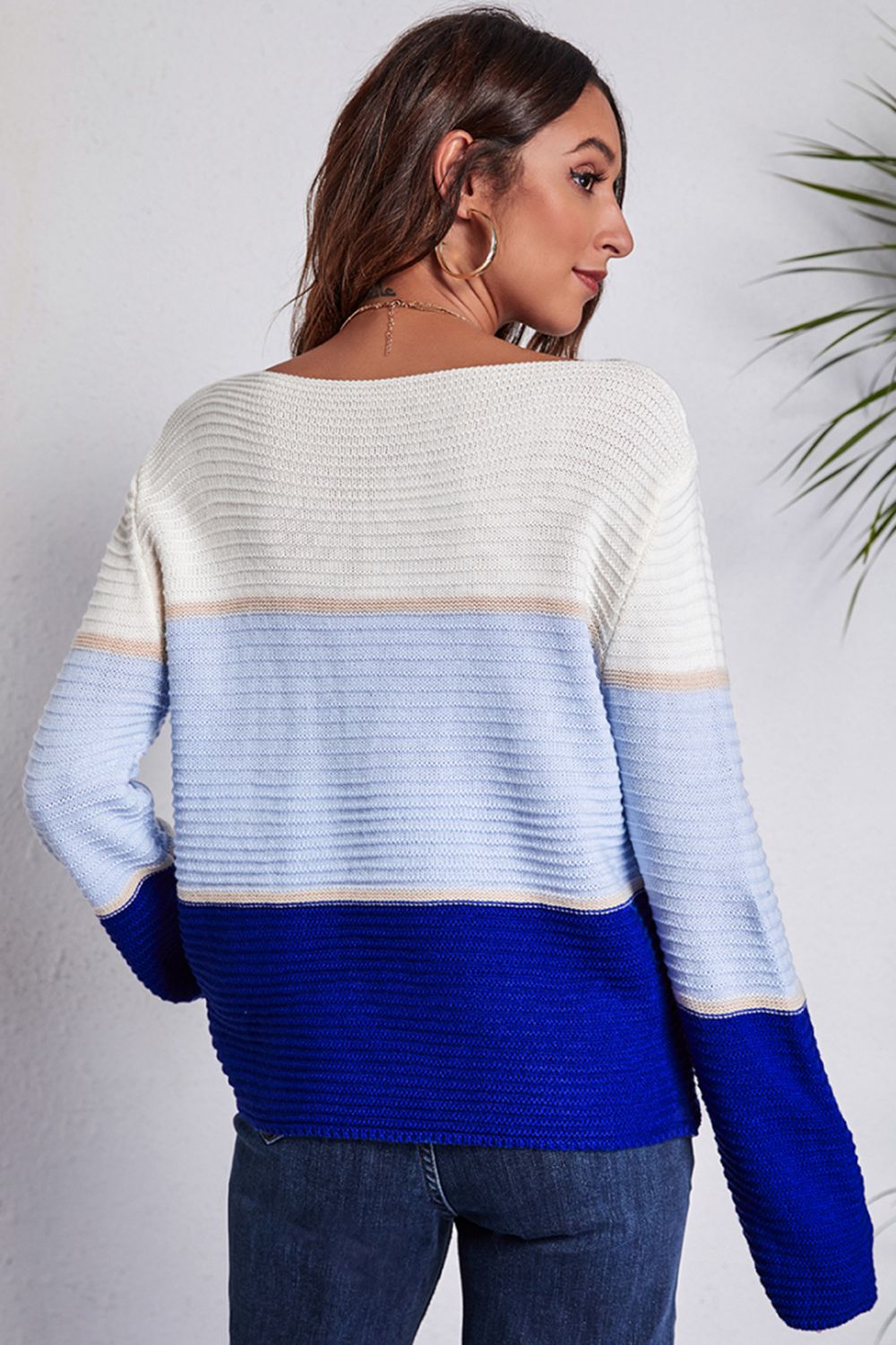 Color Block Horizontal Ribbing Sweater BLUE ZONE PLANET