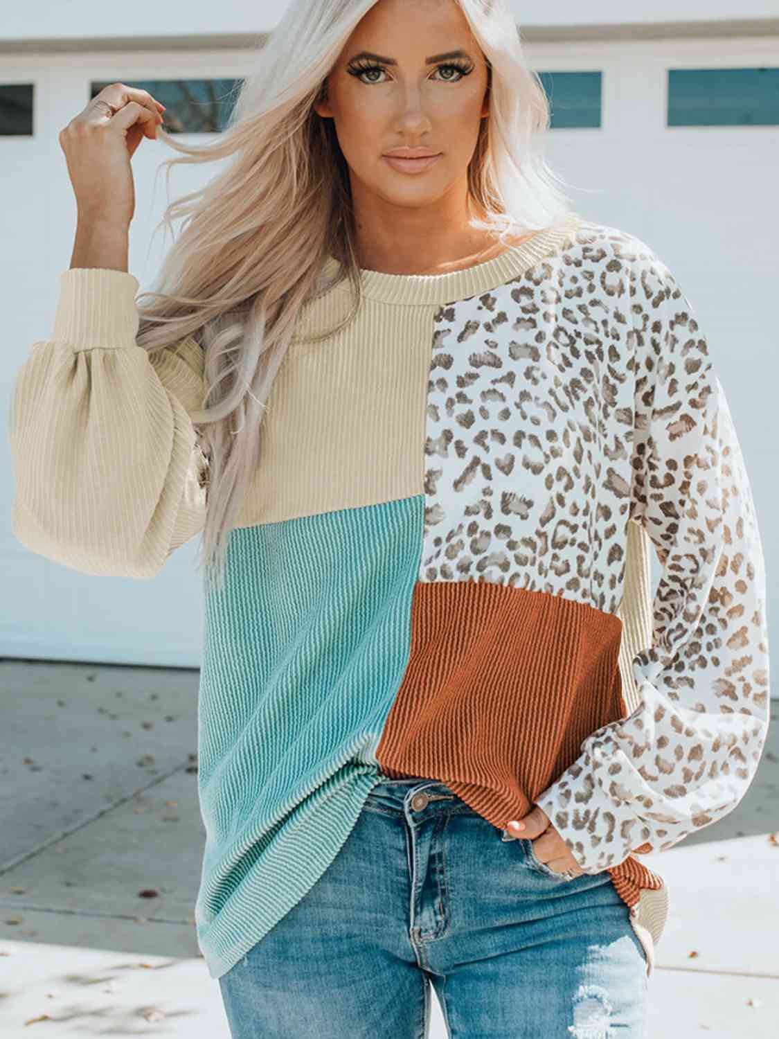 Color Block Leopard Round Neck Sweatshirt BLUE ZONE PLANET