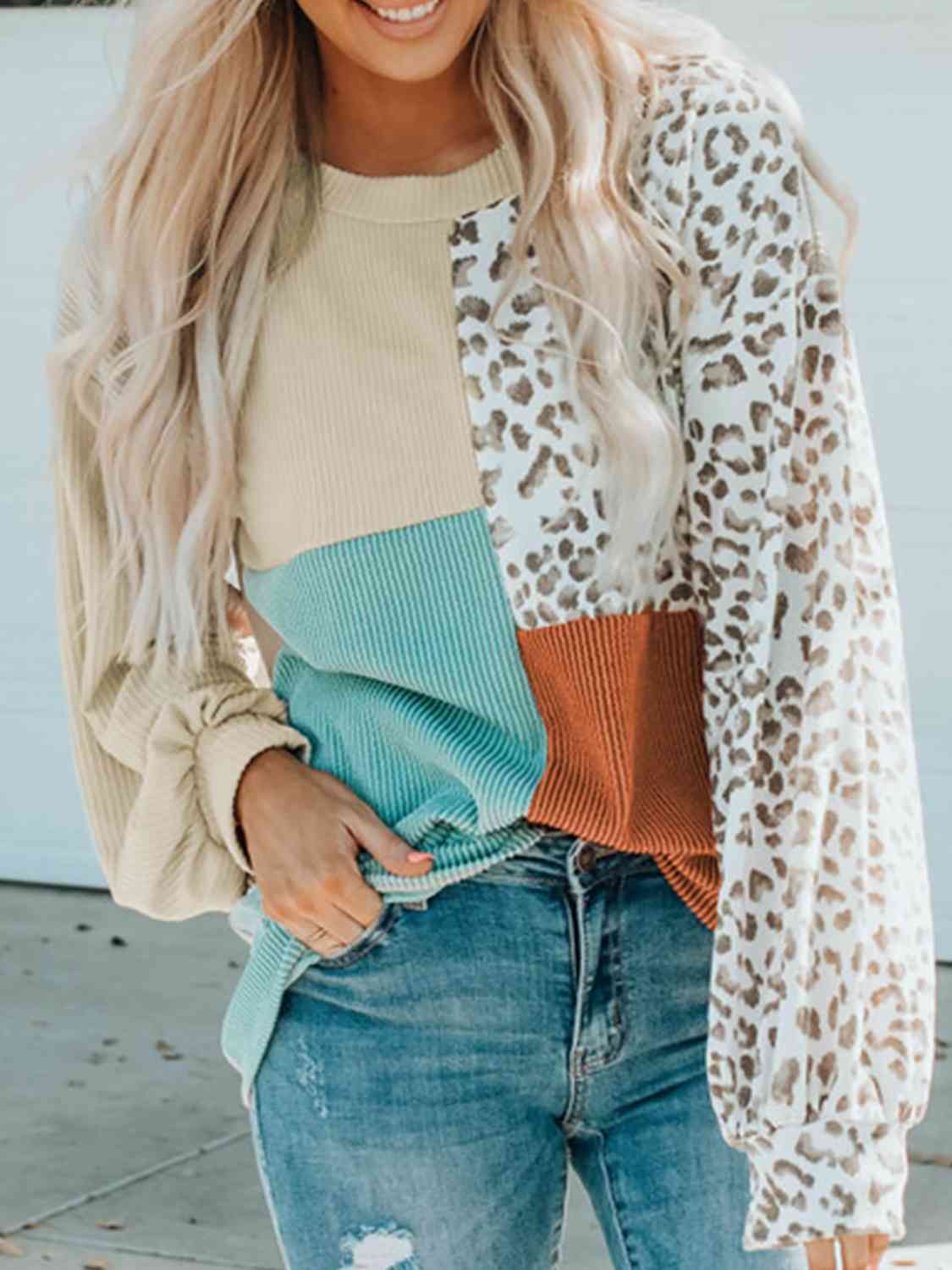 Color Block Leopard Round Neck Sweatshirt BLUE ZONE PLANET