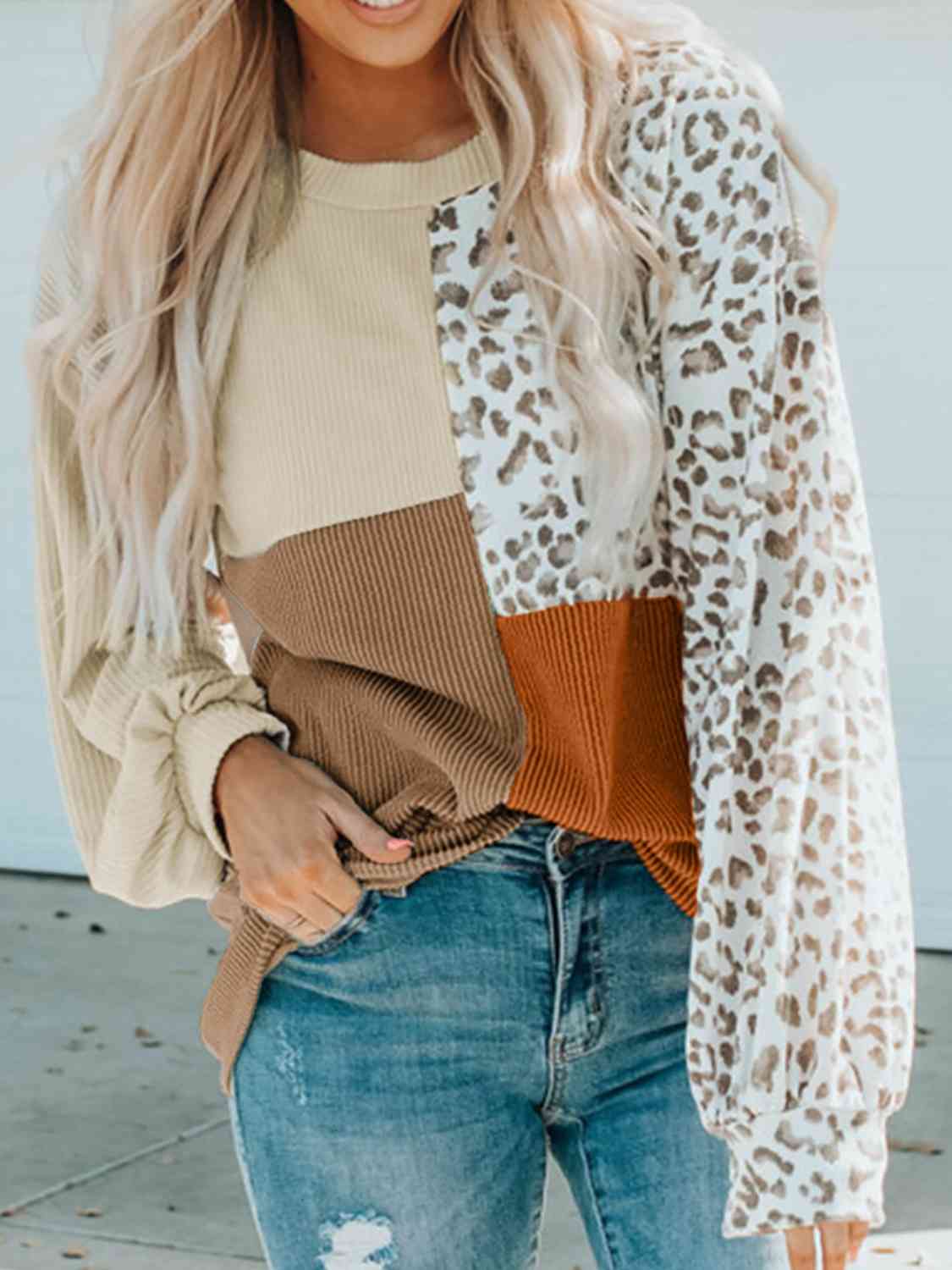 Color Block Leopard Round Neck Sweatshirt BLUE ZONE PLANET