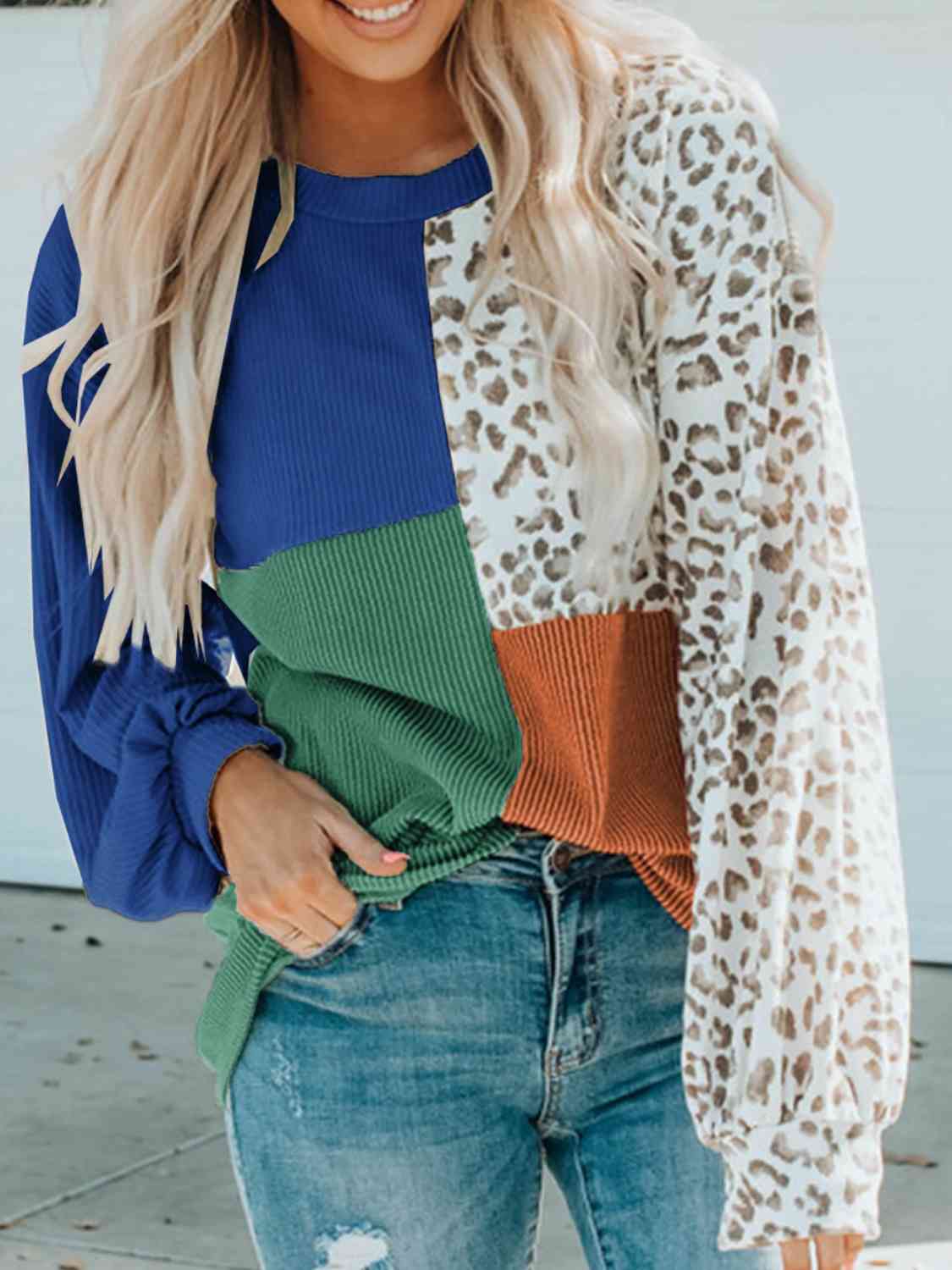 Color Block Leopard Round Neck Sweatshirt BLUE ZONE PLANET