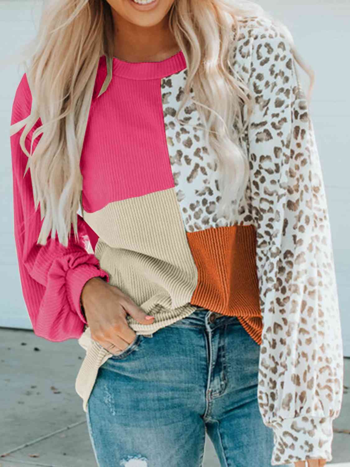 Color Block Leopard Round Neck Sweatshirt BLUE ZONE PLANET