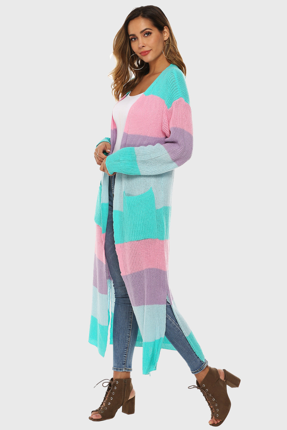 Color Block Long Sleeve Pocketed Cardigan BLUE ZONE PLANET