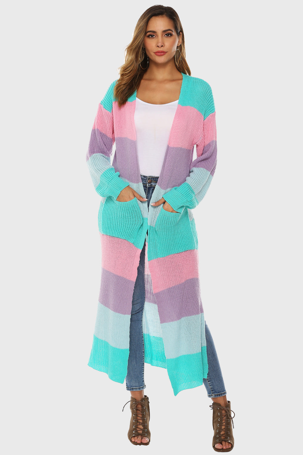 Color Block Long Sleeve Pocketed Cardigan BLUE ZONE PLANET
