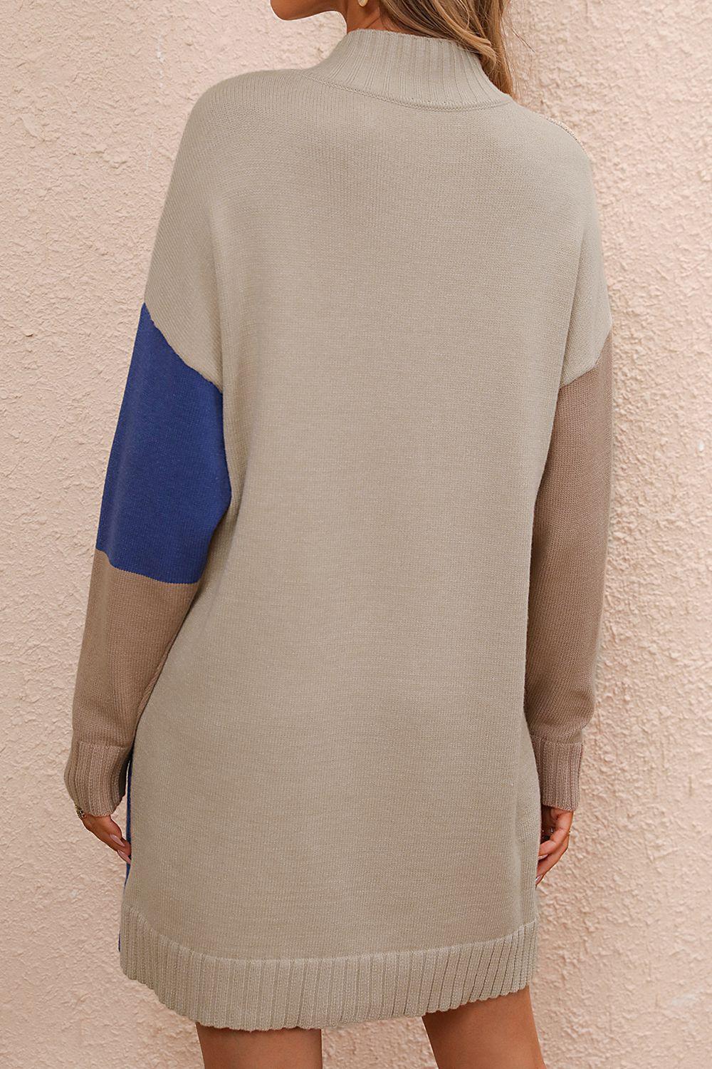 Color Block Mock Neck Dropped Shoulder Sweater Dress BLUE ZONE PLANET