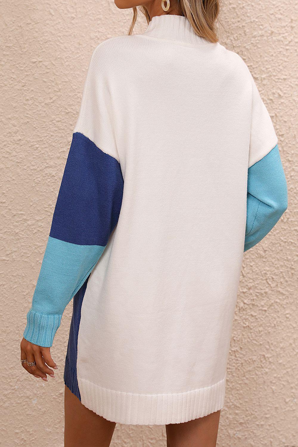 Color Block Mock Neck Dropped Shoulder Sweater Dress BLUE ZONE PLANET