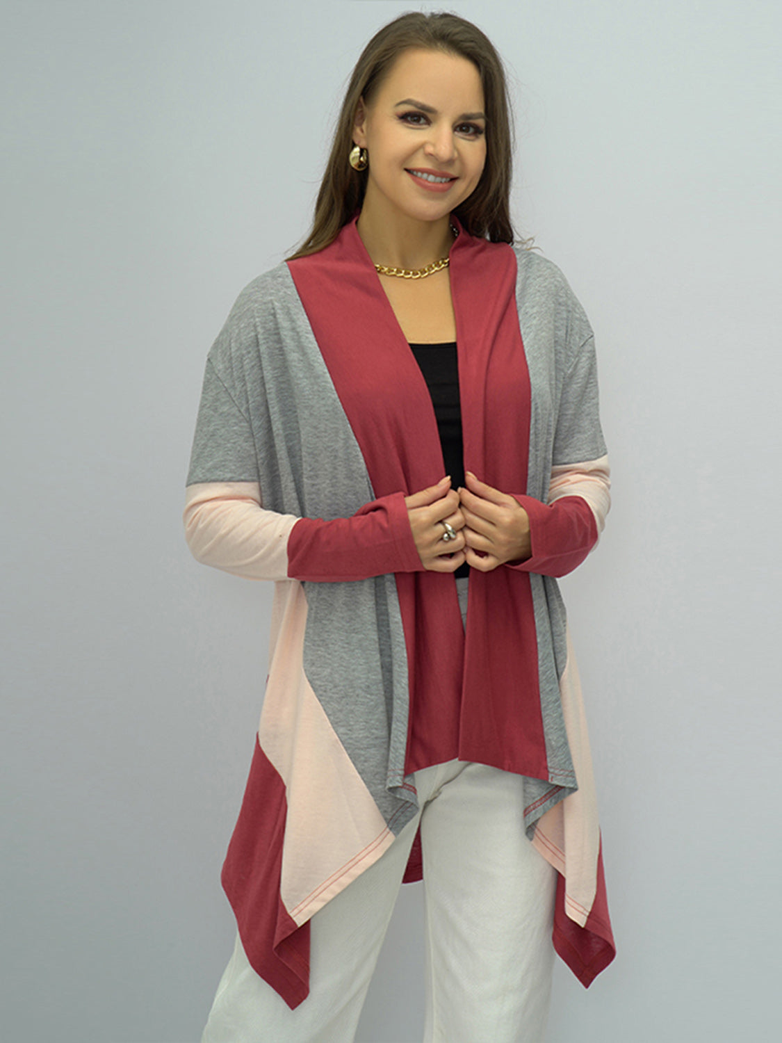 Color Block Open Front Cardigan BLUE ZONE PLANET