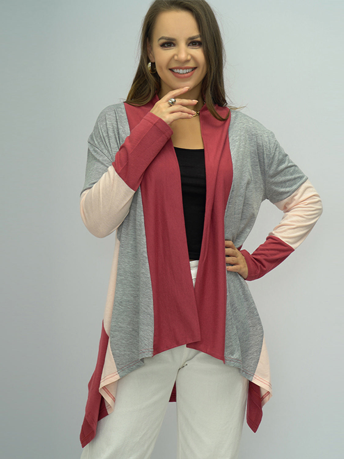 Color Block Open Front Cardigan BLUE ZONE PLANET