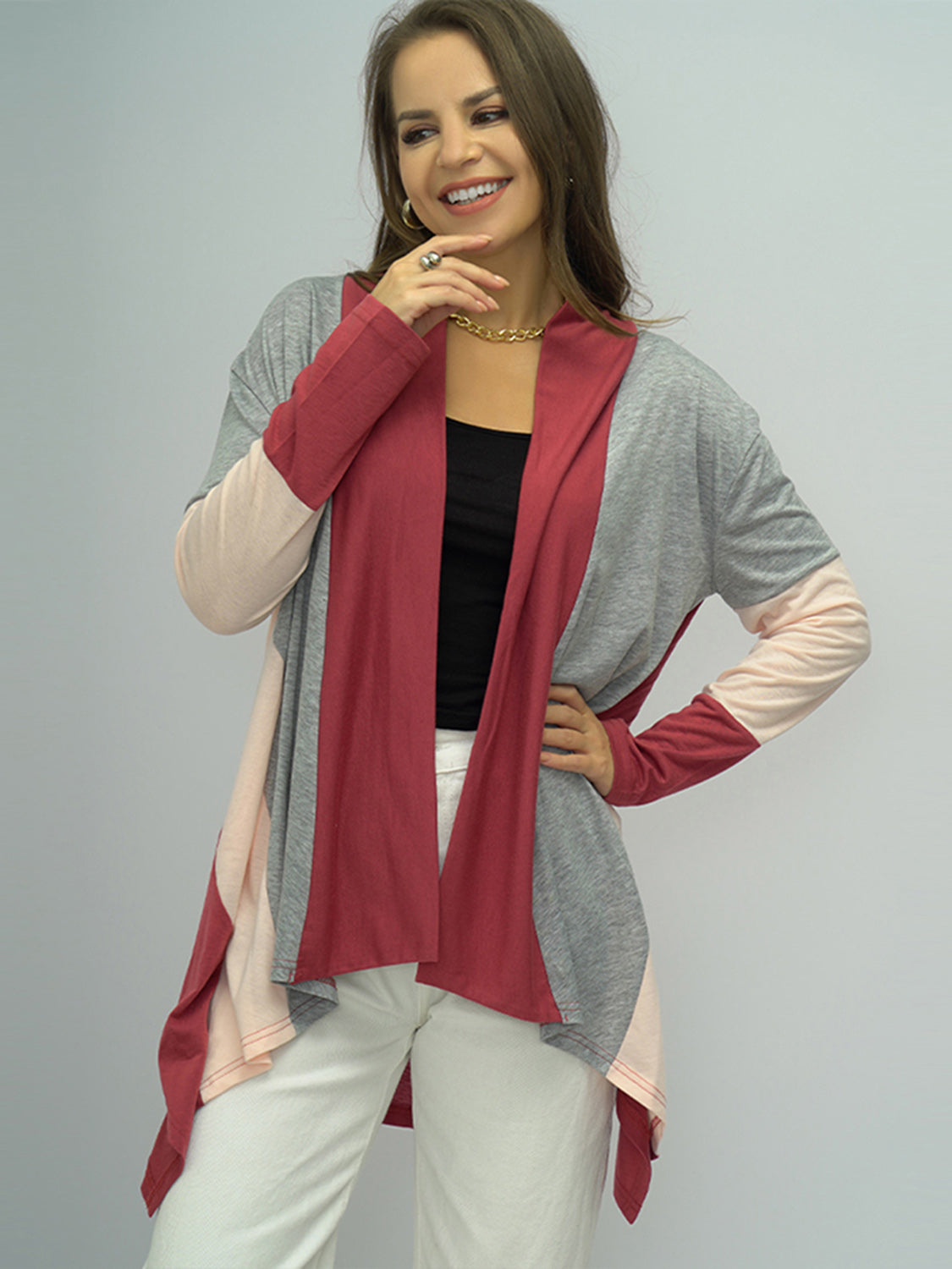 Color Block Open Front Cardigan BLUE ZONE PLANET