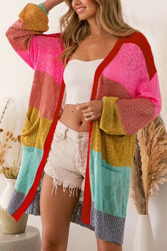 Color Block Open Front Cardigan with Pockets BLUE ZONE PLANET