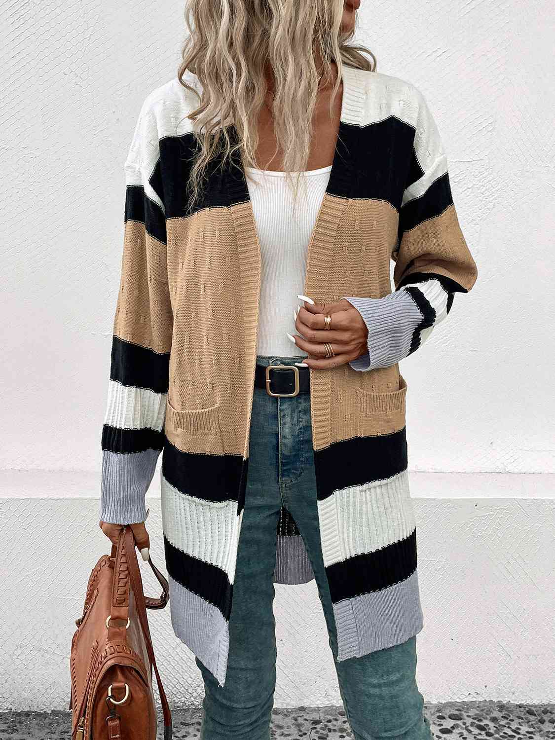 Color Block Open Front Drop Shoulder Cardigan BLUE ZONE PLANET